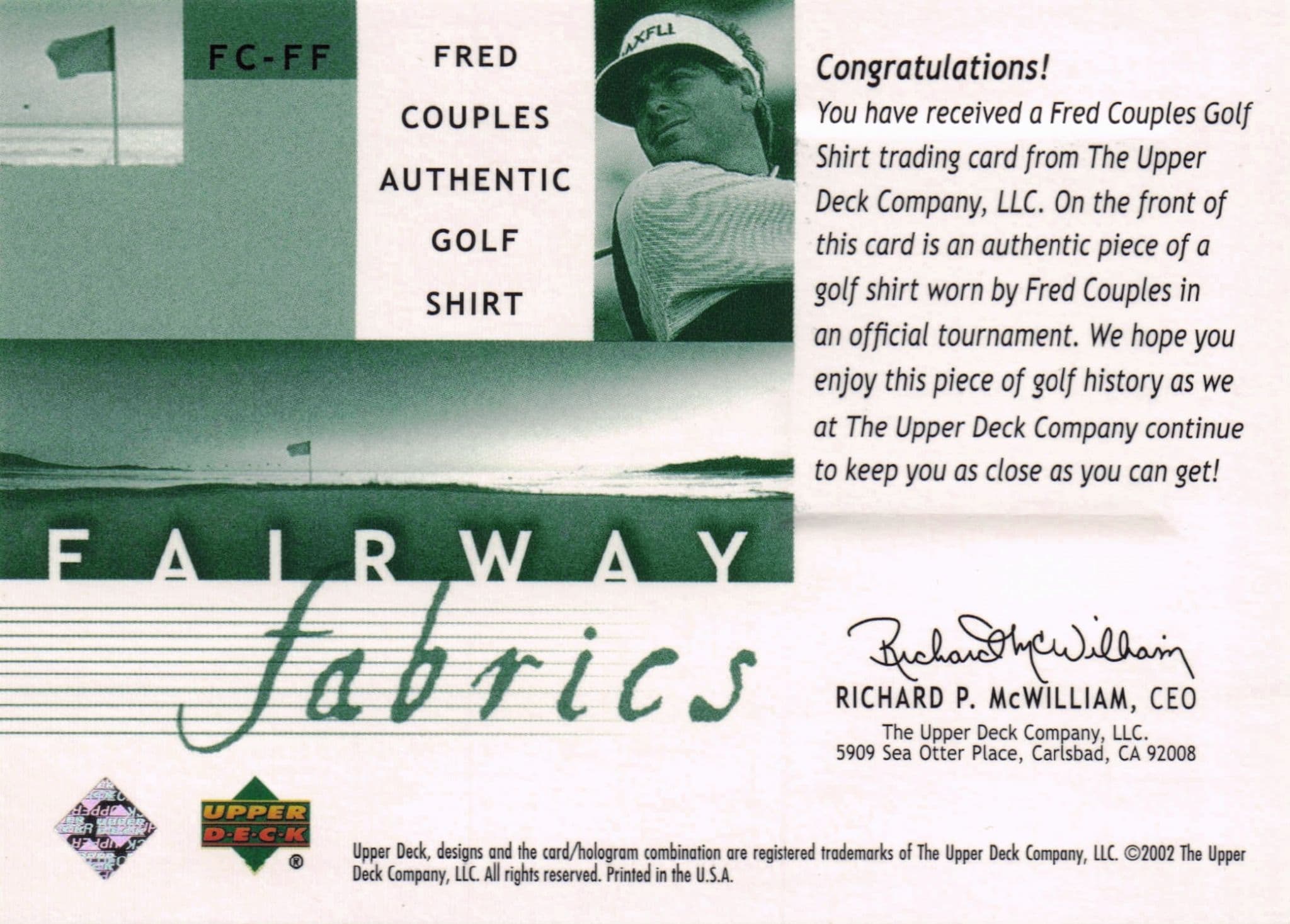 Fred Couples Fairway Fabrics 2002 Golf Upper Deck Authentic Shirt Relic Card