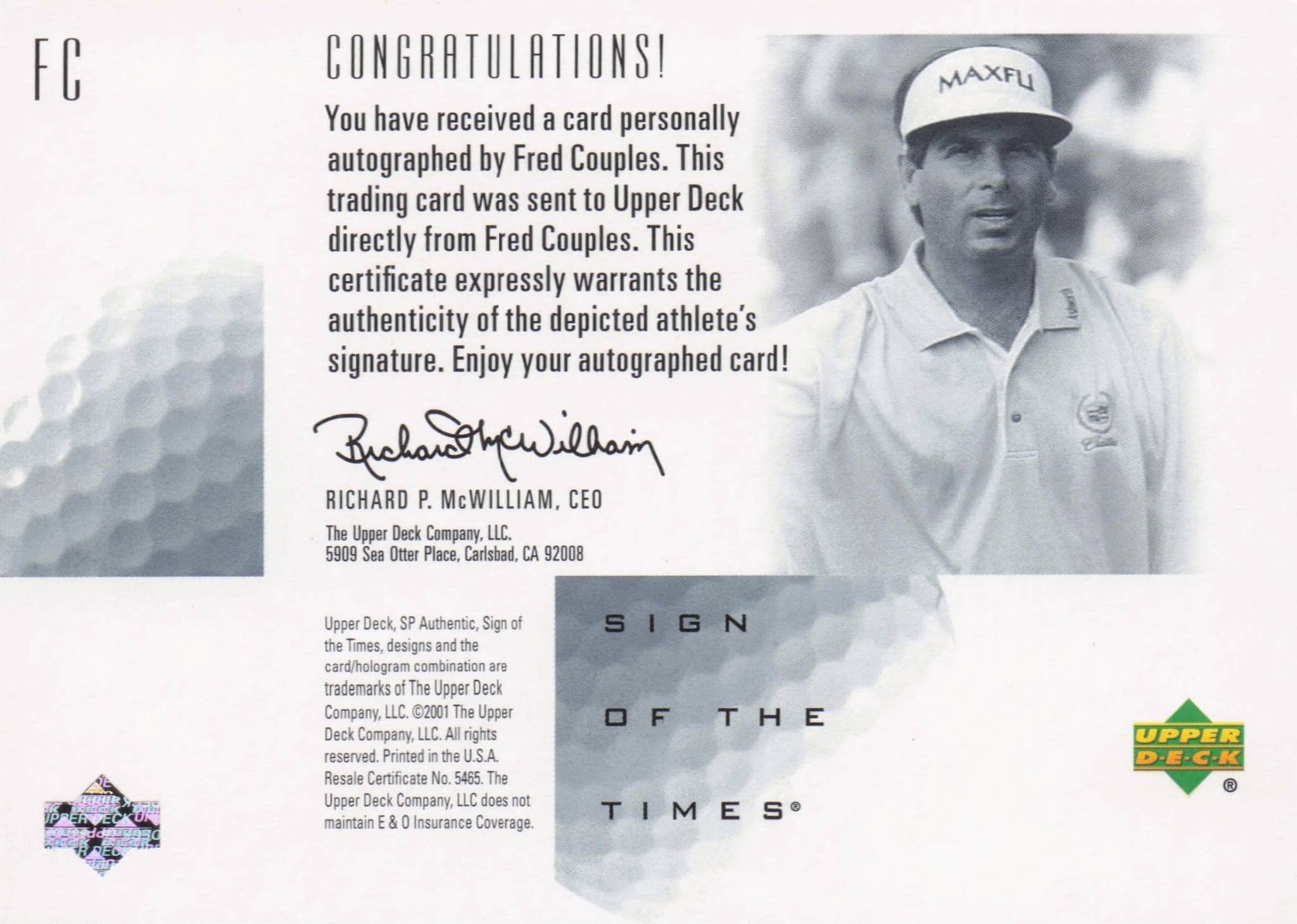 Fred Couples Sign Of The Times Hand Signed 2001 SP Golf Autograph Card
