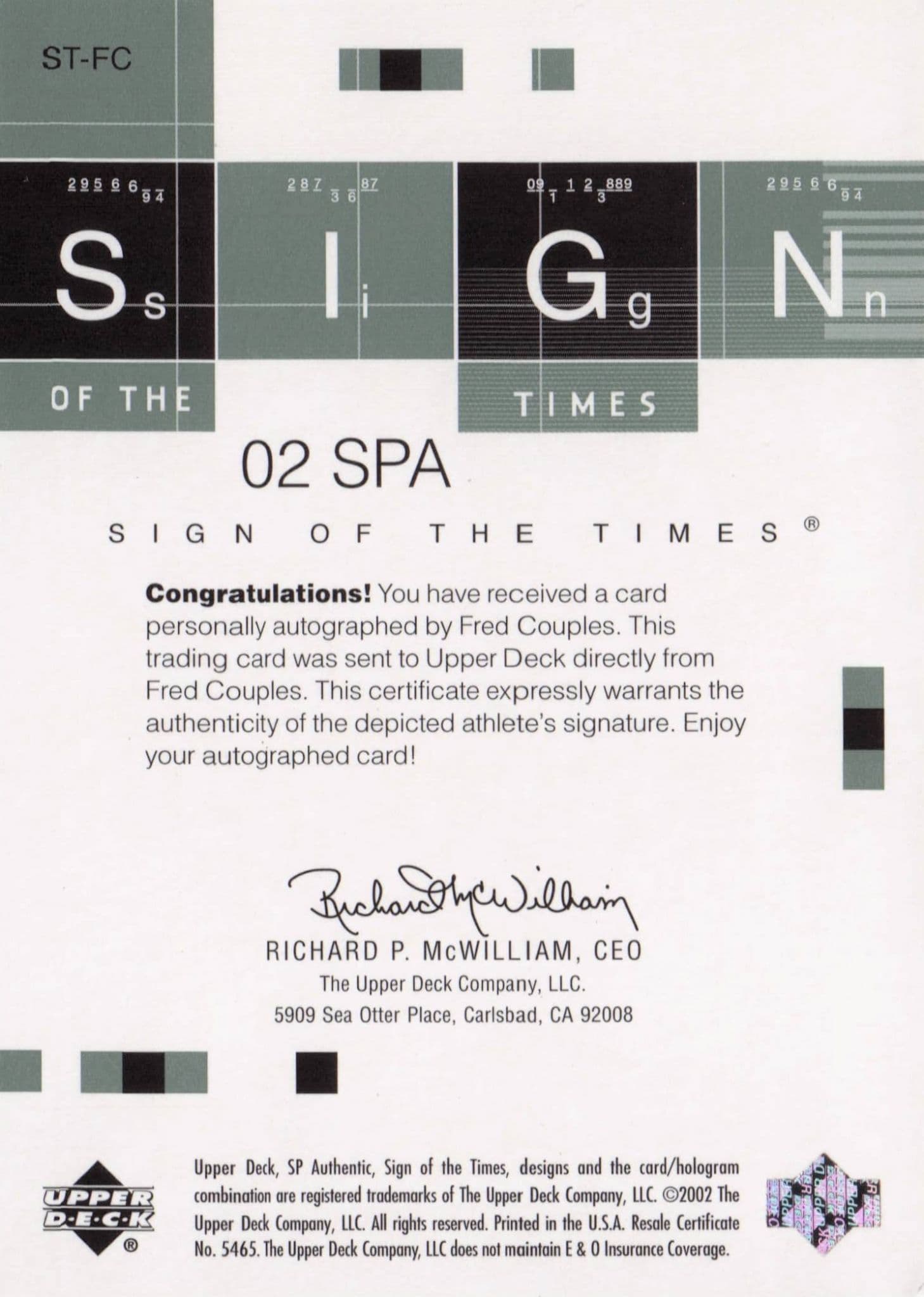 Fred Couples Sign Of The Times Hand Signed 2002 SP Golf Autograph Card