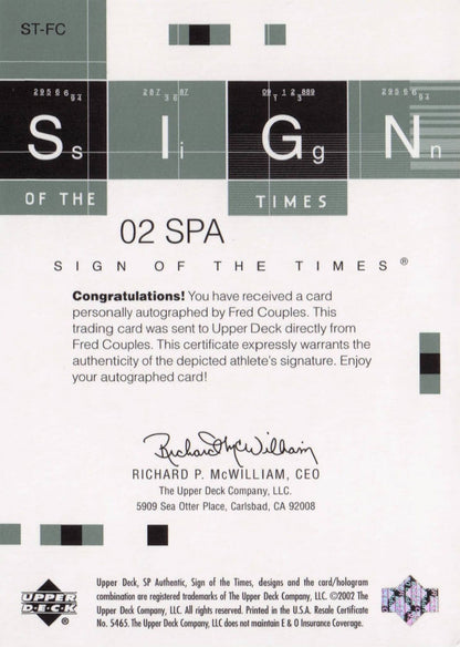 Fred Couples Sign Of The Times Hand Signed 2002 SP Golf Autograph Card
