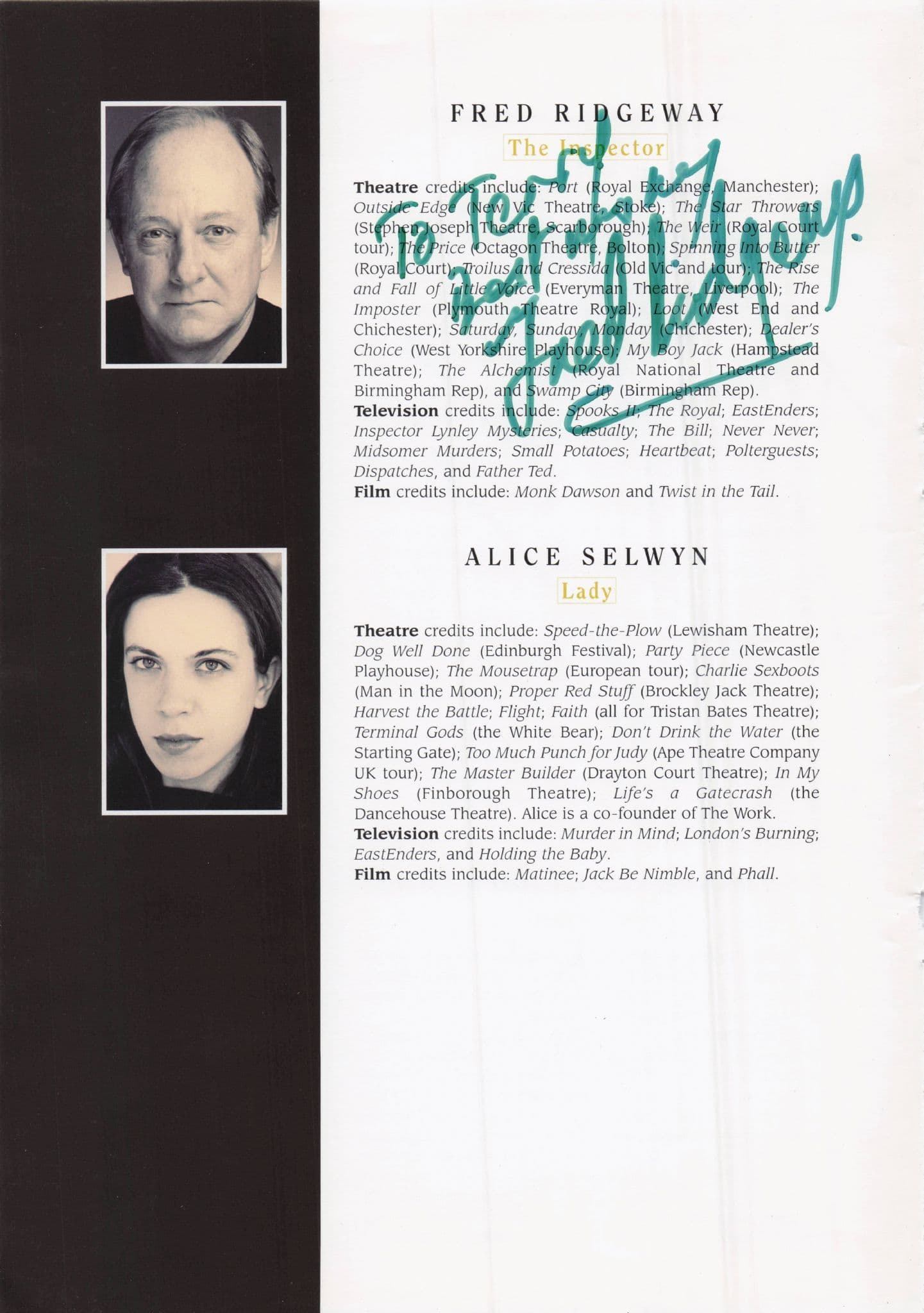 Fred Ridgeway Gawn Grainger Hand Signed Photo Theatre Page