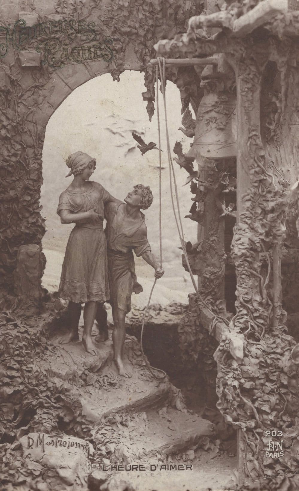 French Antique Lovers Statue Covered In Mud Easter Old Postcard