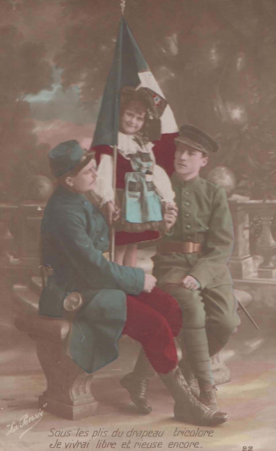 French Girl Child Raising Military Flag with Army Soldier Antique Postcard