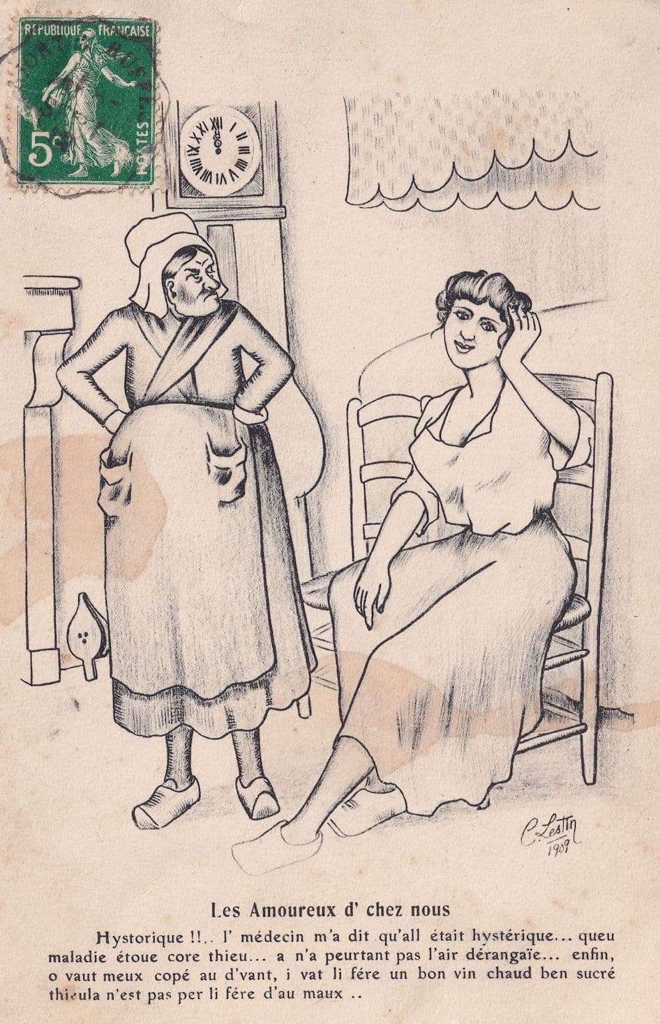 French Housemaid Grandfather Clock Antique Comic Postcard