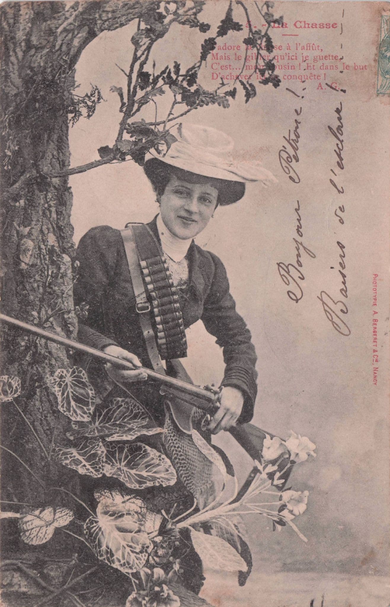 French Lady Hunter Gun Sexy Glamour Poetry Antique Postcard