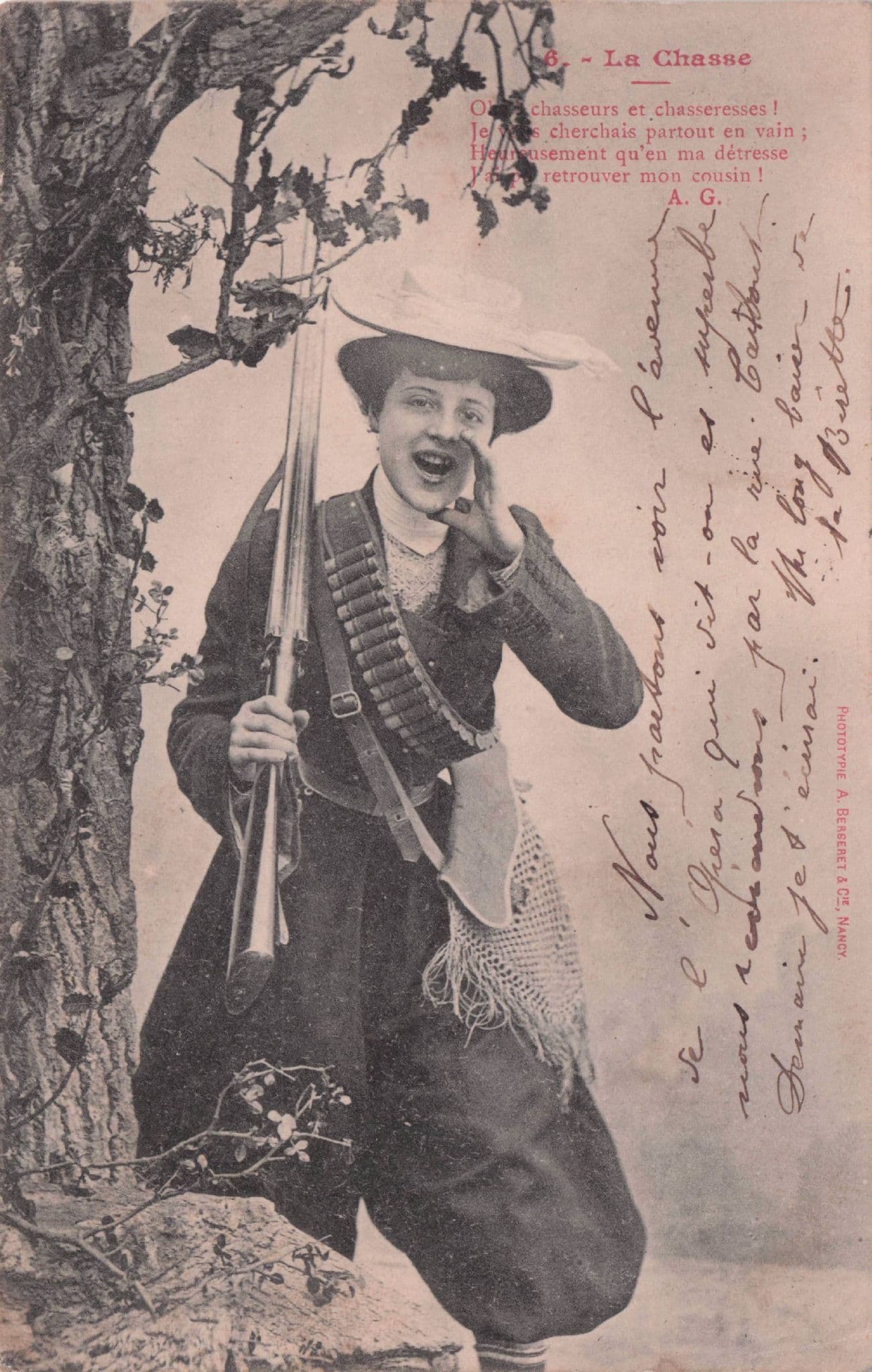 French Lady Hunter Rifle Sexy Glamour Poetry Antique Postcard