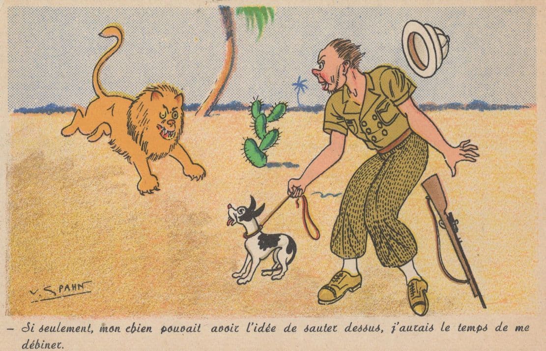 French Lions Animal Safari Gun Rifle Dog Comic Old Postcard