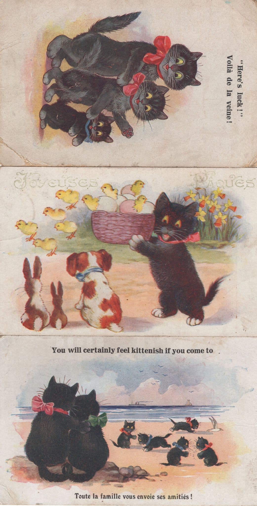French Lucky Black Cat Cats 3x Old Greeting Comique Postcard s