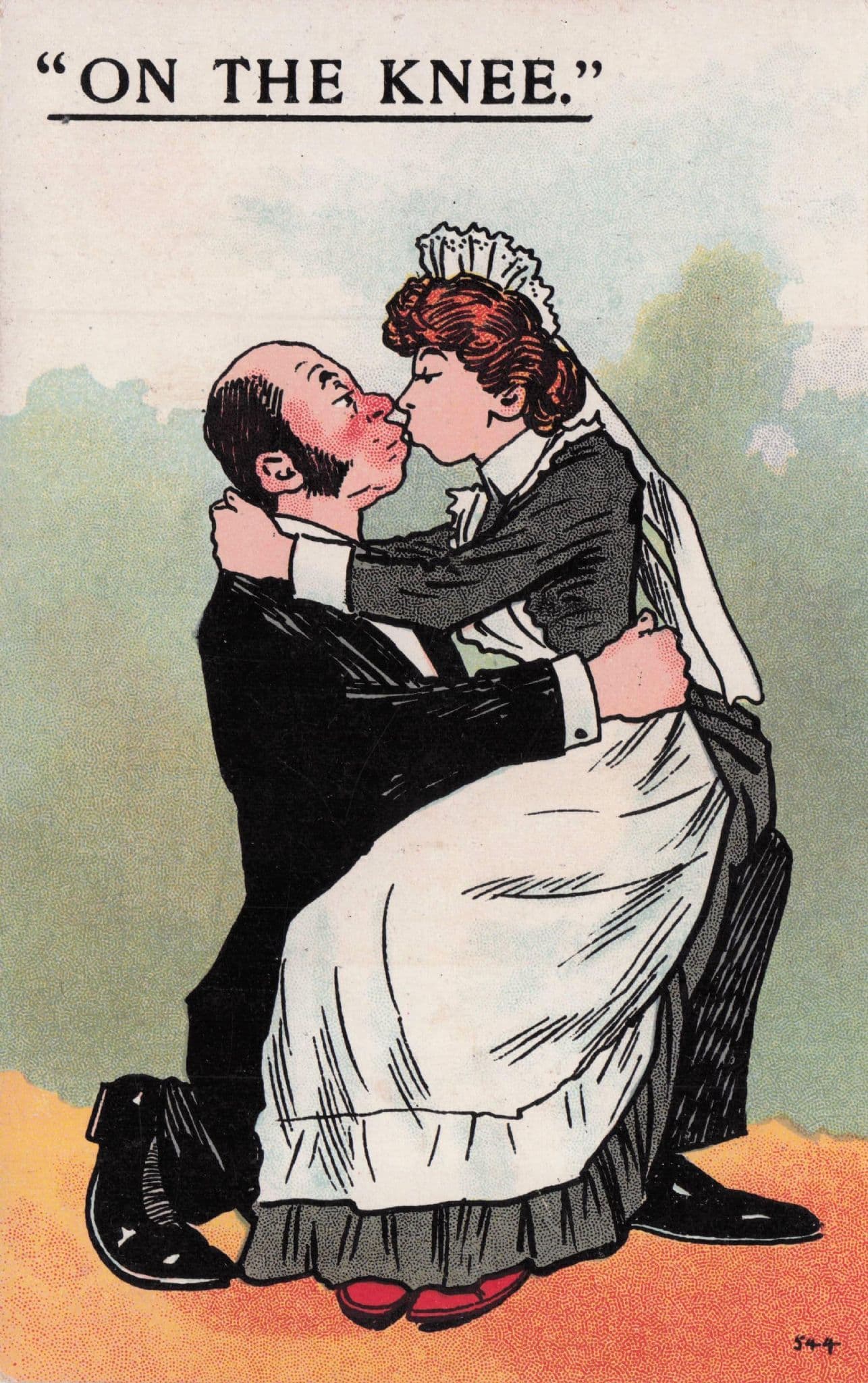 French Maid & Posh Man Kissing On The Knee Antique Comic Postcard