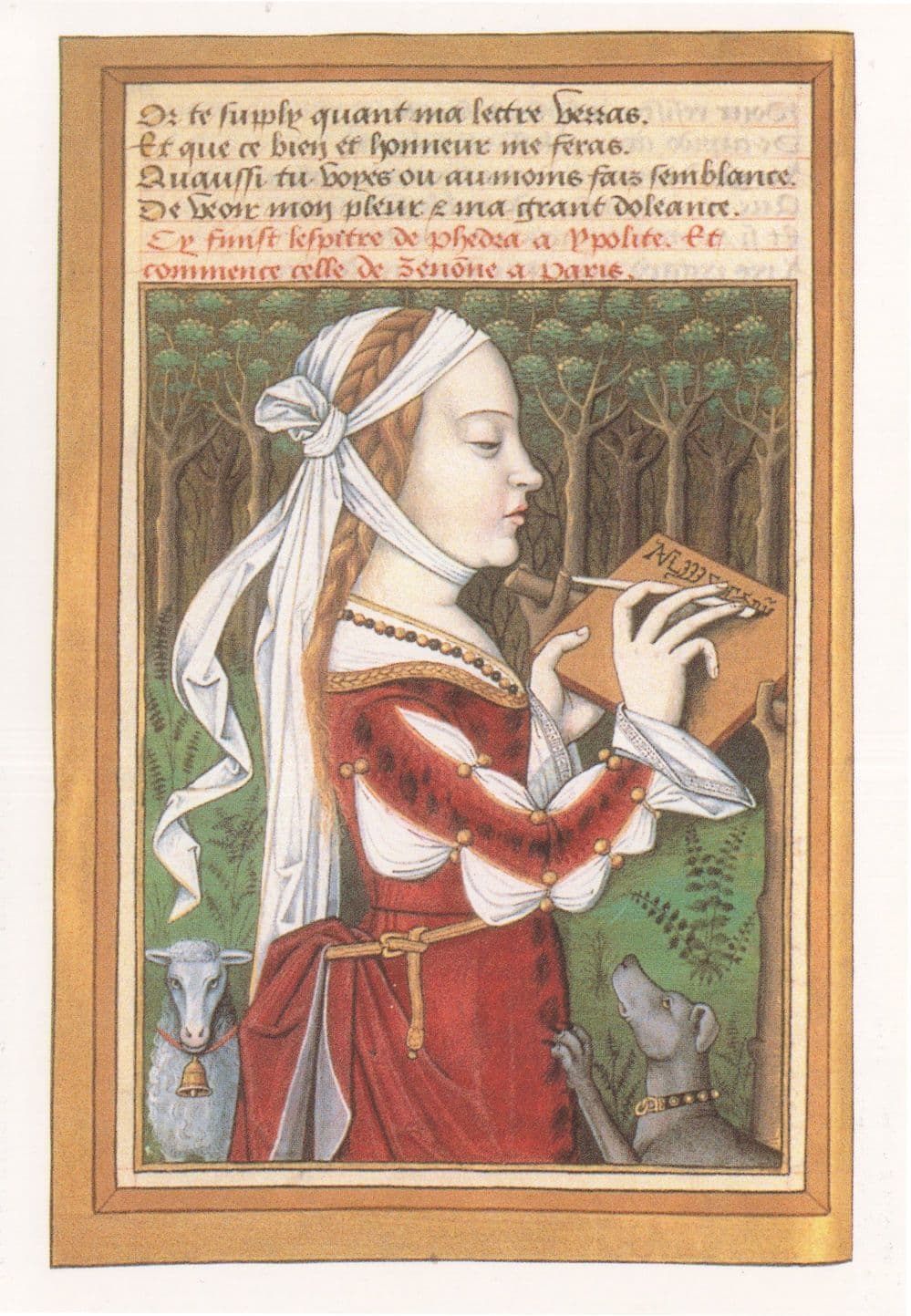 French Medieval Woman Writting A Letter Dog Goat Painting Postcard