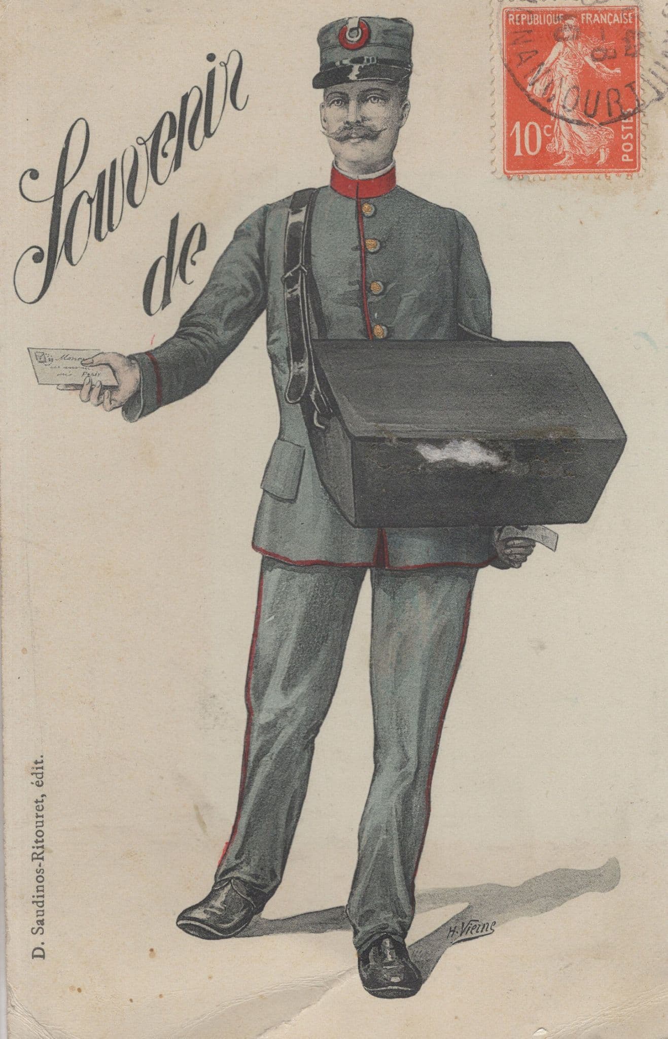 French Postman With Letter Satchel Bag Old Postcard