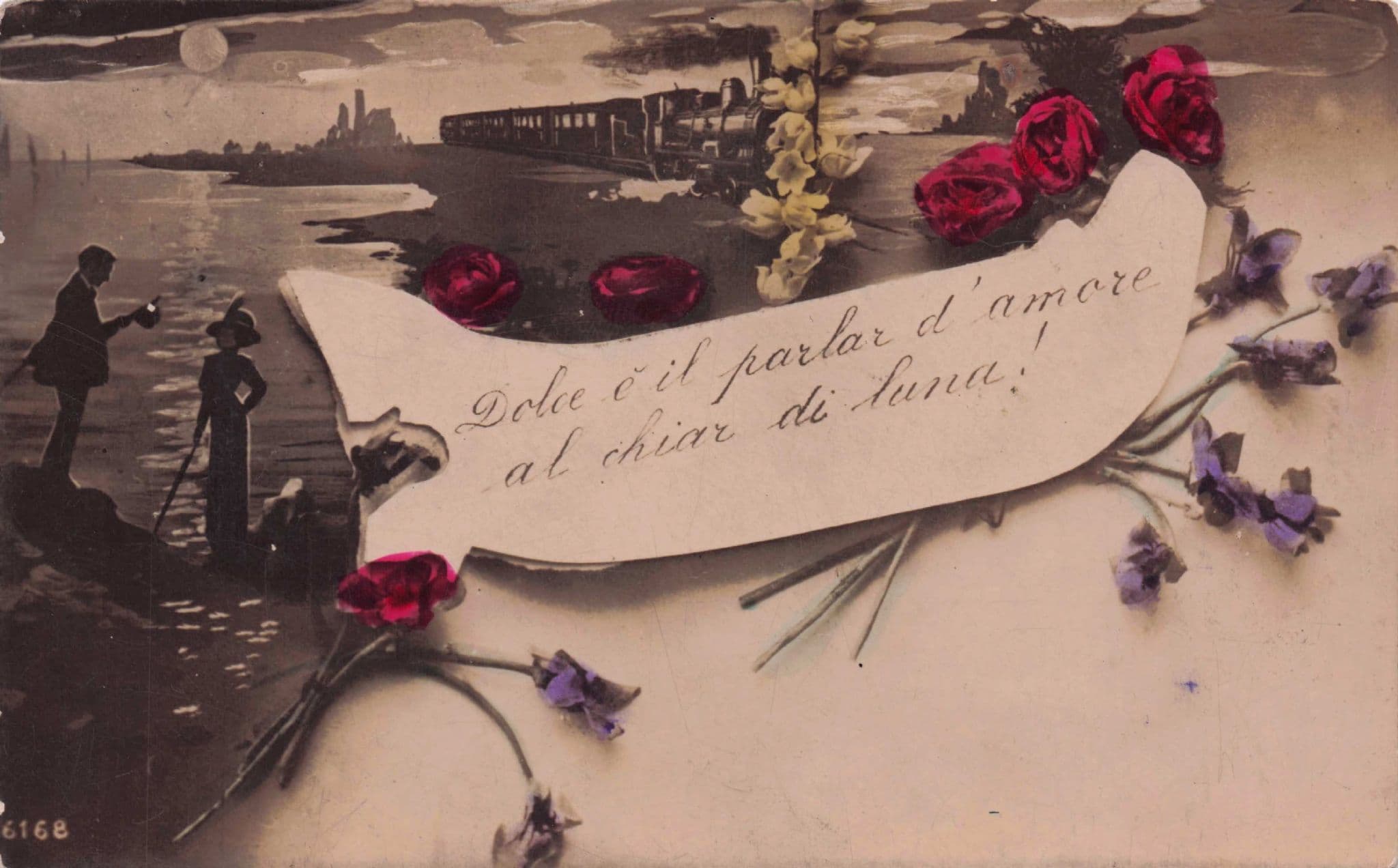 French Romantic Lovers Boating Silhouette Real Photo Old Postcard