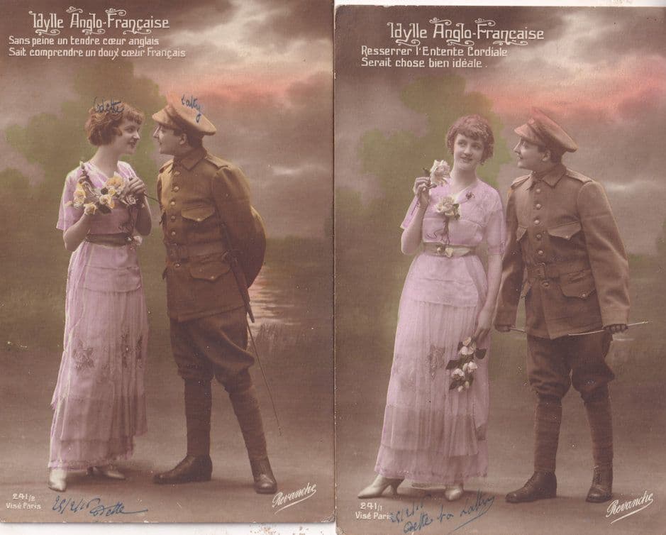 French Soldier Giving Lady Flowers War Sweetheart 2x Antique French Postcard s