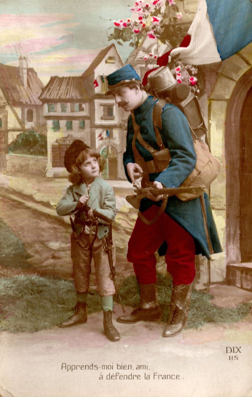 French Soldier Teaching Child To Shoot With Gun WW1 Passed By Censor Postcard