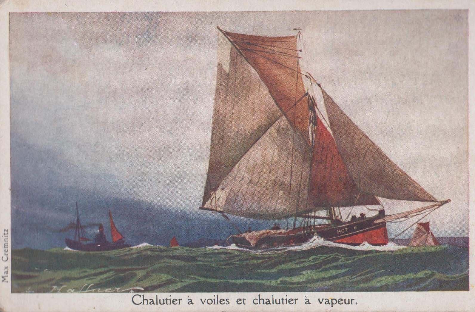 French Steam Trawler Trawlers On Storm Stormy Sea Painting Antique Postcard