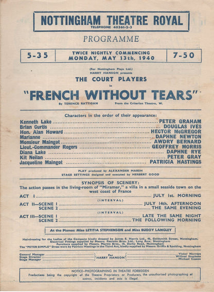 French Without Tears French Play WW2 1940 Nottingham Theatre Royal Programme