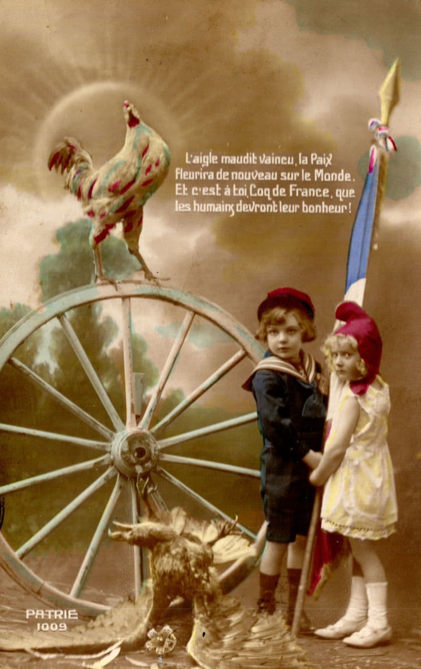French WW1 Children Pathe Hen Rooster Bird Flag Passed By Censor War Postcard