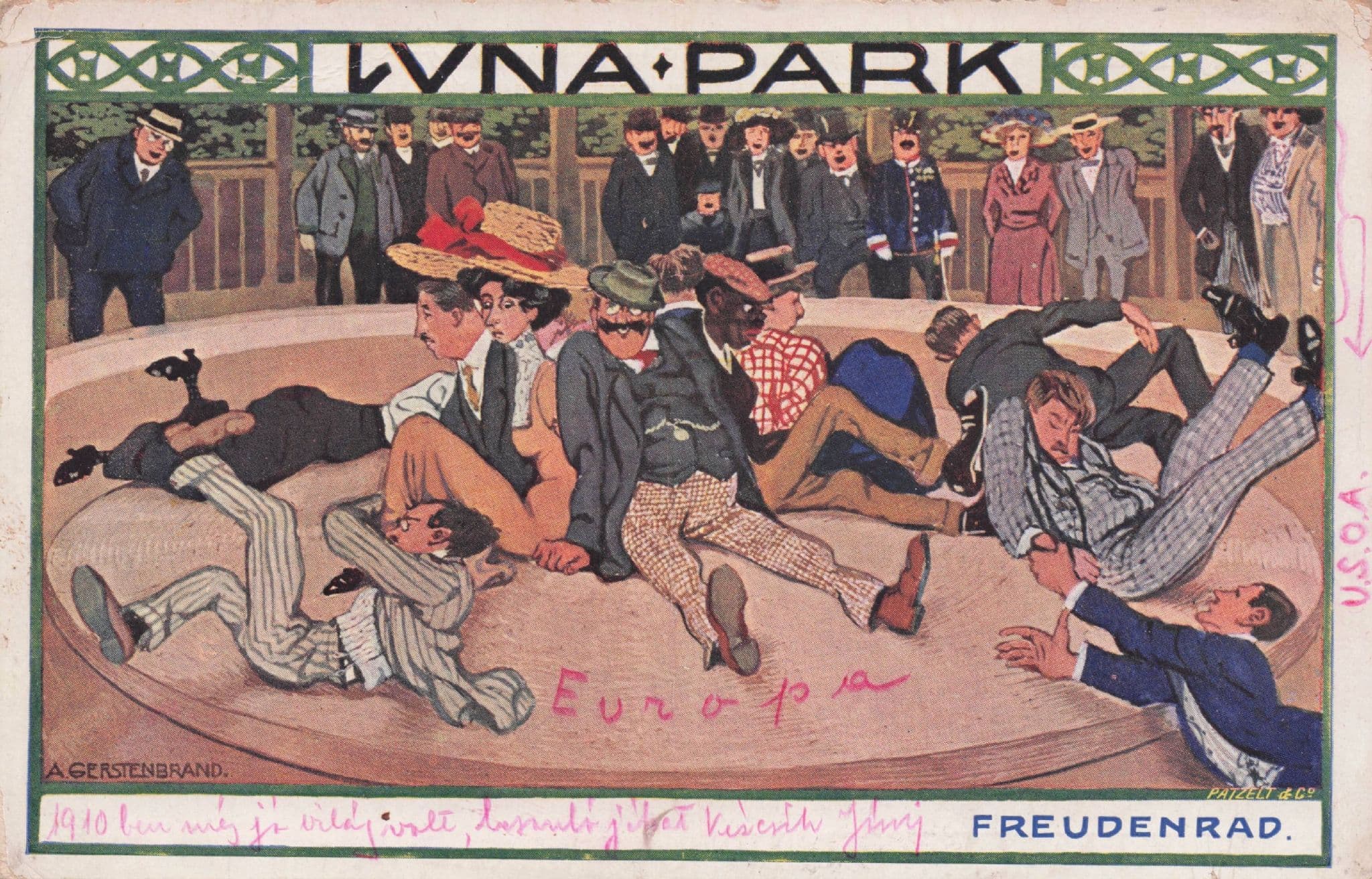 Freudenrad German Fair Big Wheel Luna Park Old Comic Postcard
