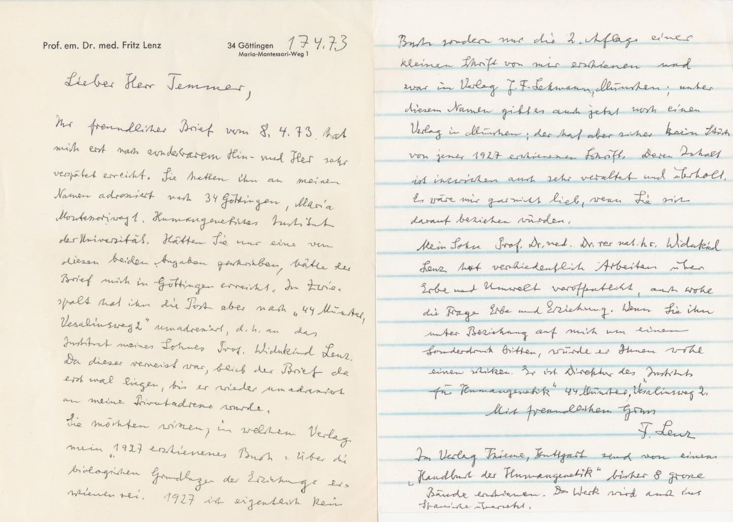 Fritz Lenz WW2 Geneticist German Nazi Party Hand Signed Letter