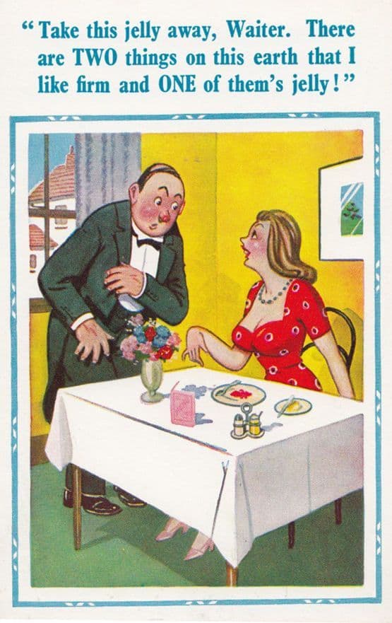 Frozen Wobbly Breasts Jelly Waiter Restaurant 1970s Comic Humour Postcard