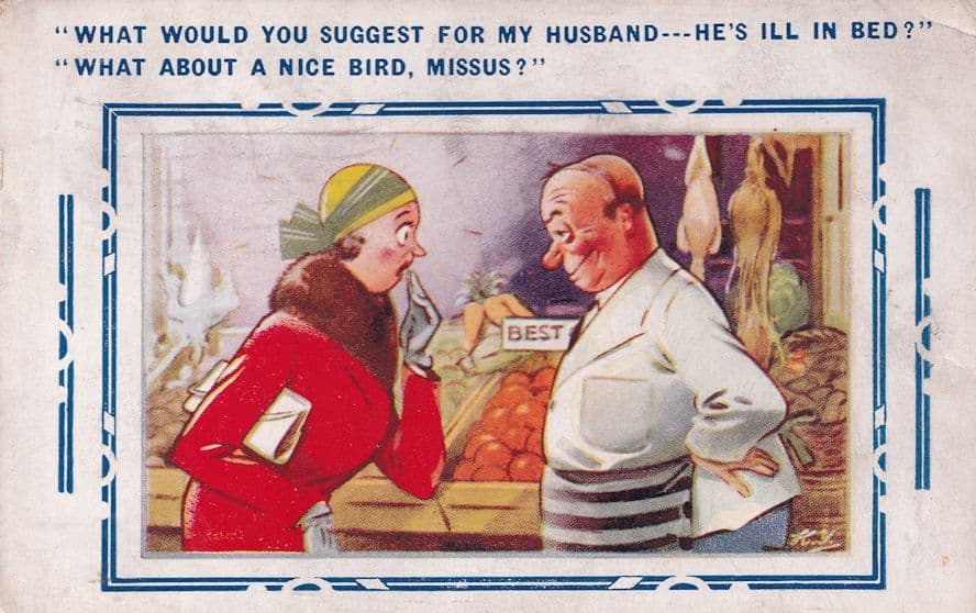 Fruit Butcher Market Comic Bird WW2 1943 Postcard