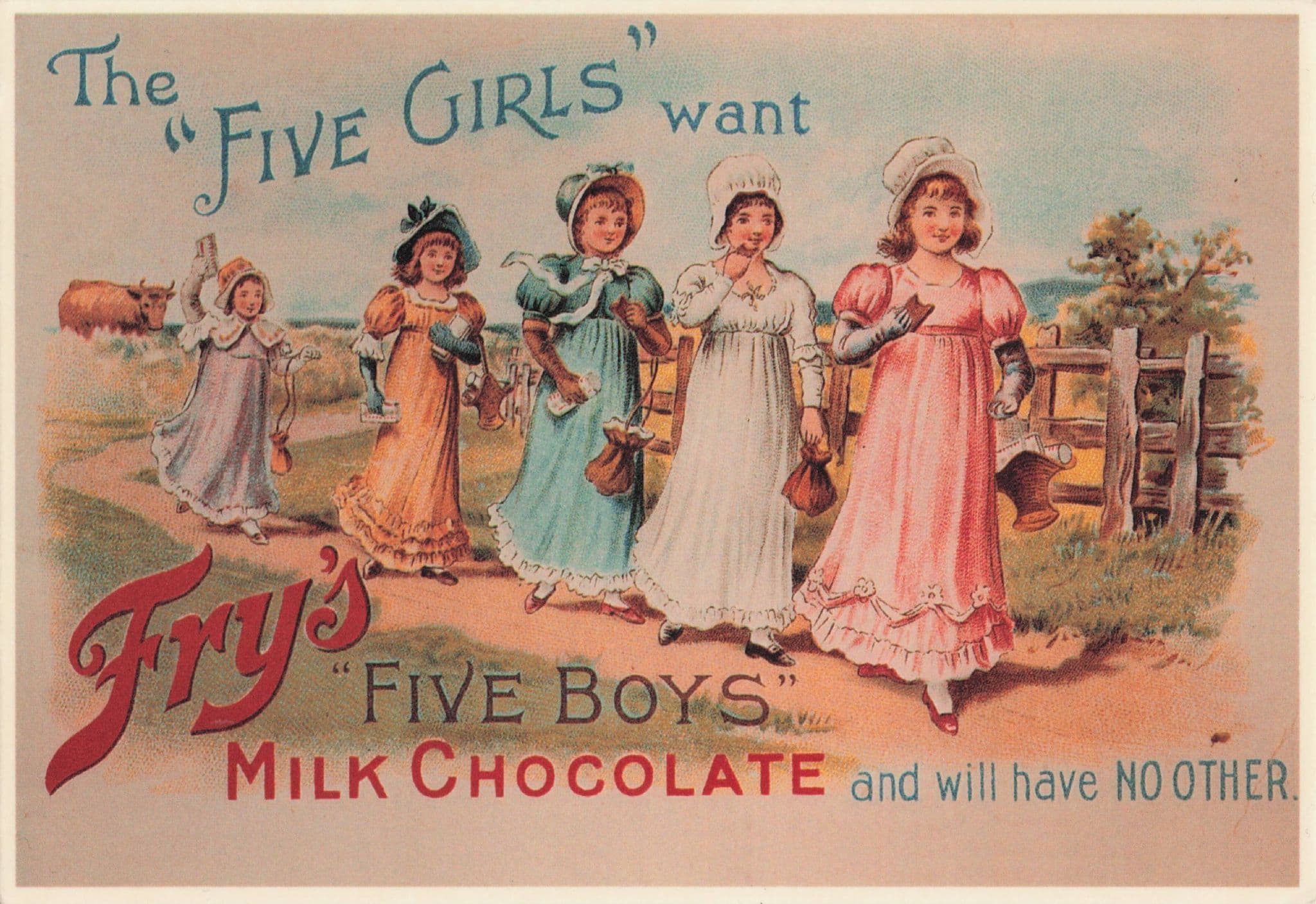Fry's Five Gals Guys Girls Bristol Chocolate Advertising Postcard