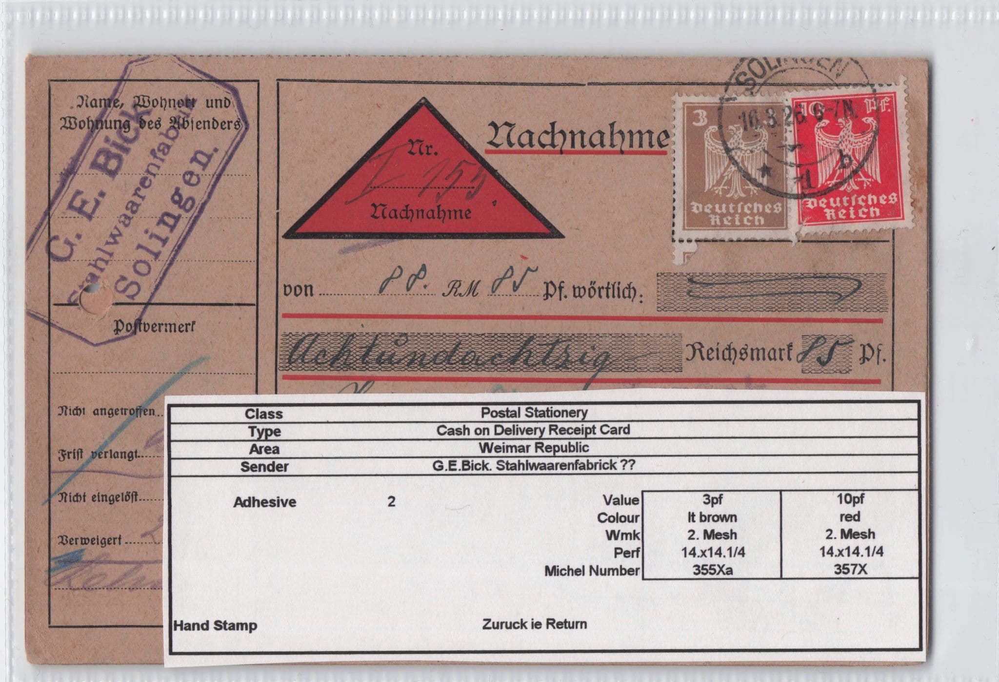 G.E.Bick Solingen Cash On Delivery 1926 German Antique Postcard