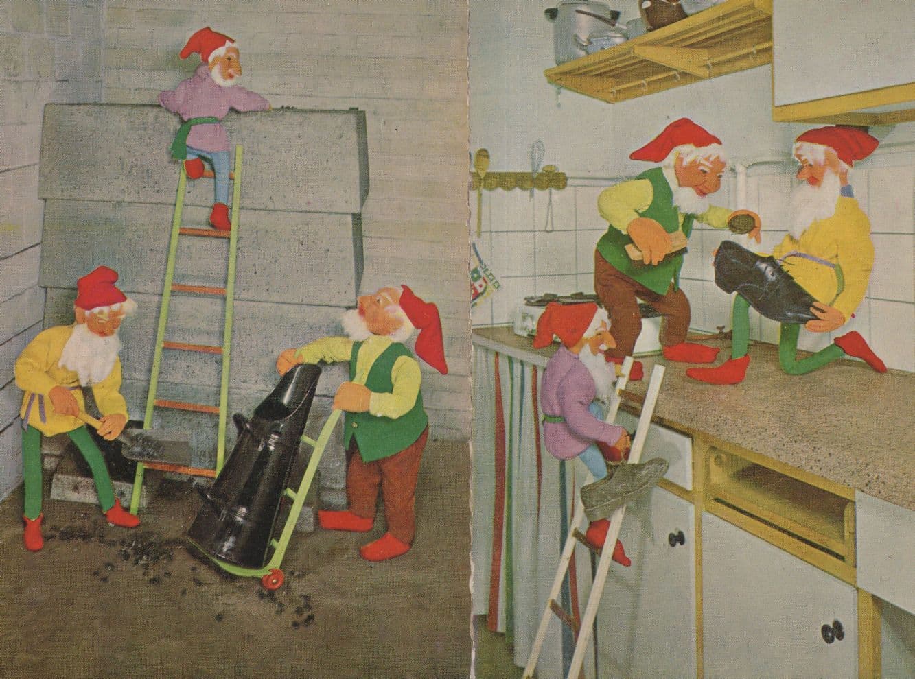 Garden Gnomes Shoe Shining Polish Cleaning Stairs 2x Postcard s