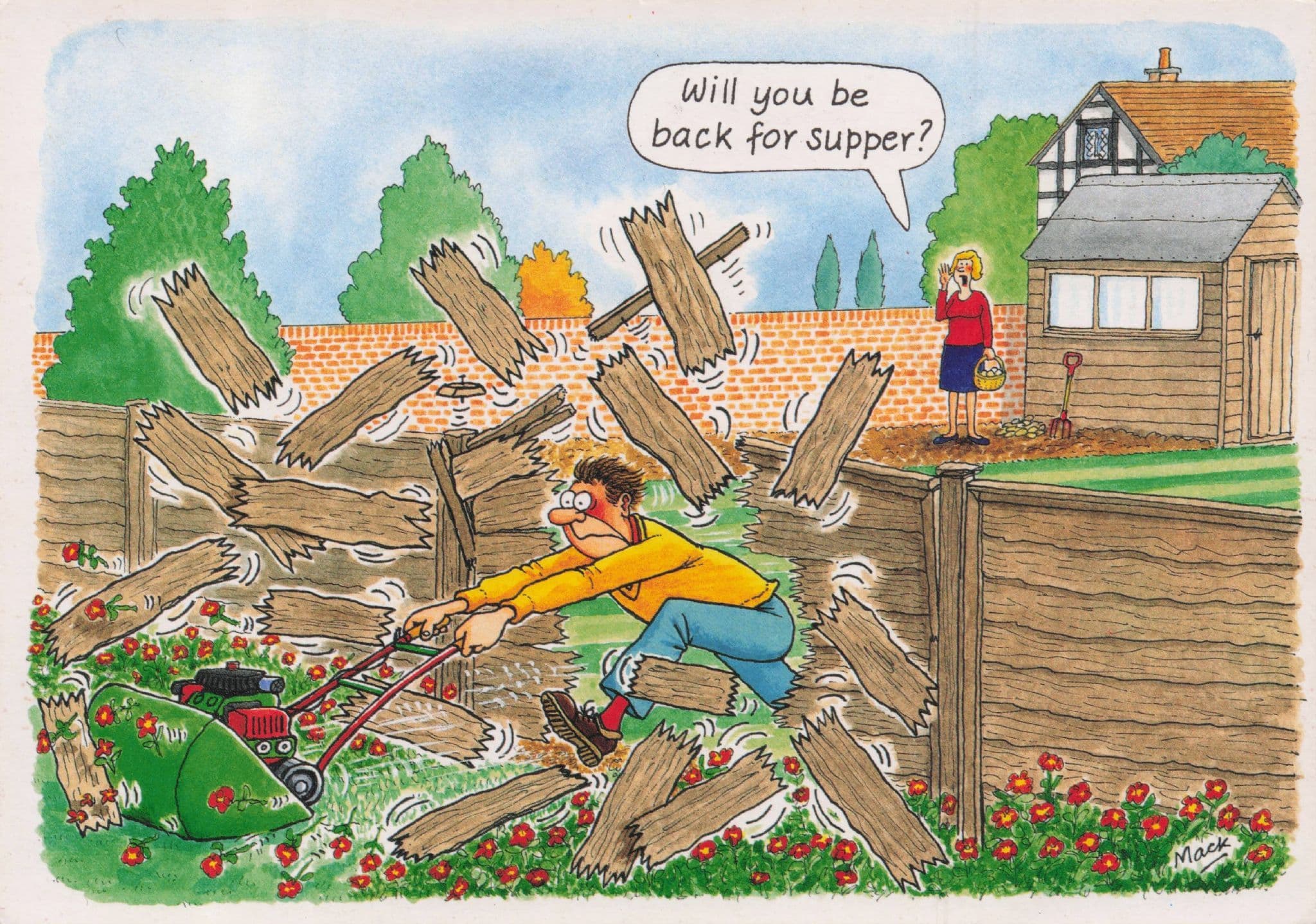 Gardener With Horror Movie Style Lawnmower Gone Mad Comic Postcard