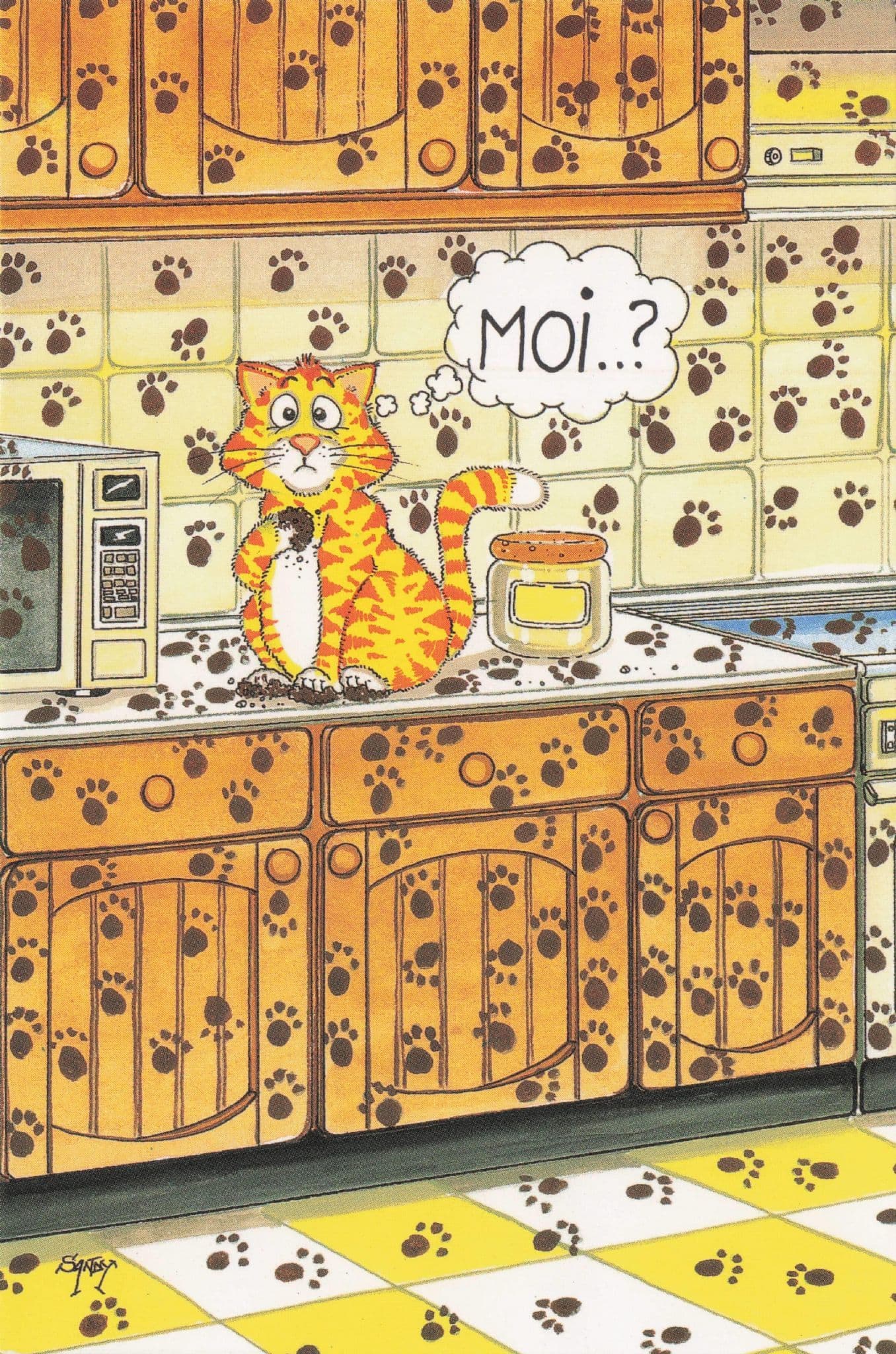 Garfield Type Cat Eating Old Full Tin Of Biscuits Comic Postcard