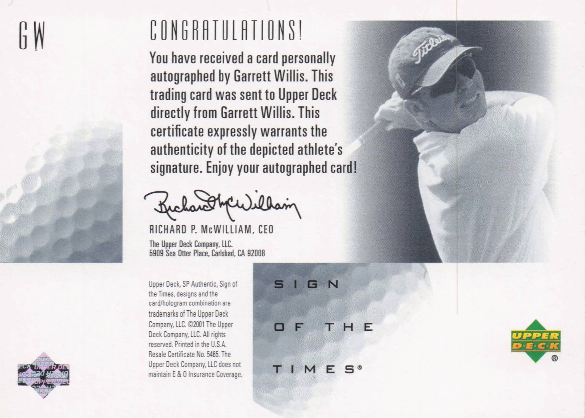 Garrett Willis Sign Of The Times Hand Signed 2001 SP Golf Autograph Card
