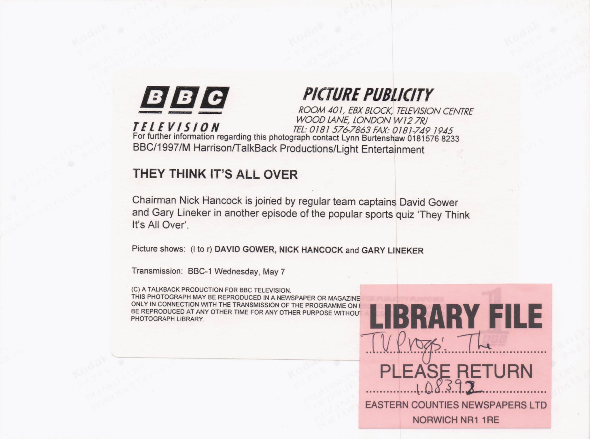 Gary Lineker They Think It's All Over Sport BBC TV Show Press Photo