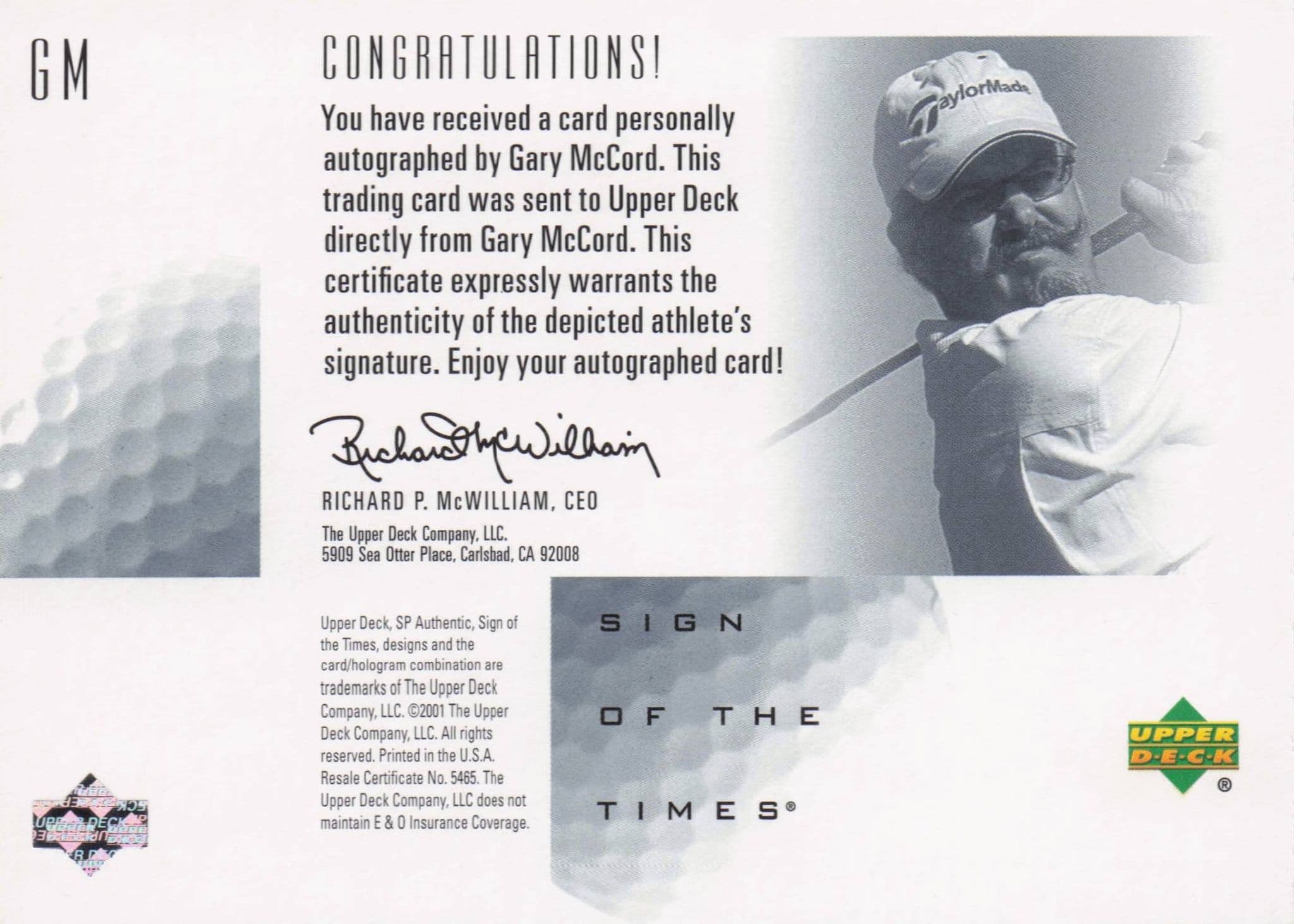Gary McCord Sign Of The Times Hand Signed 2001 SP Golf Autograph Card
