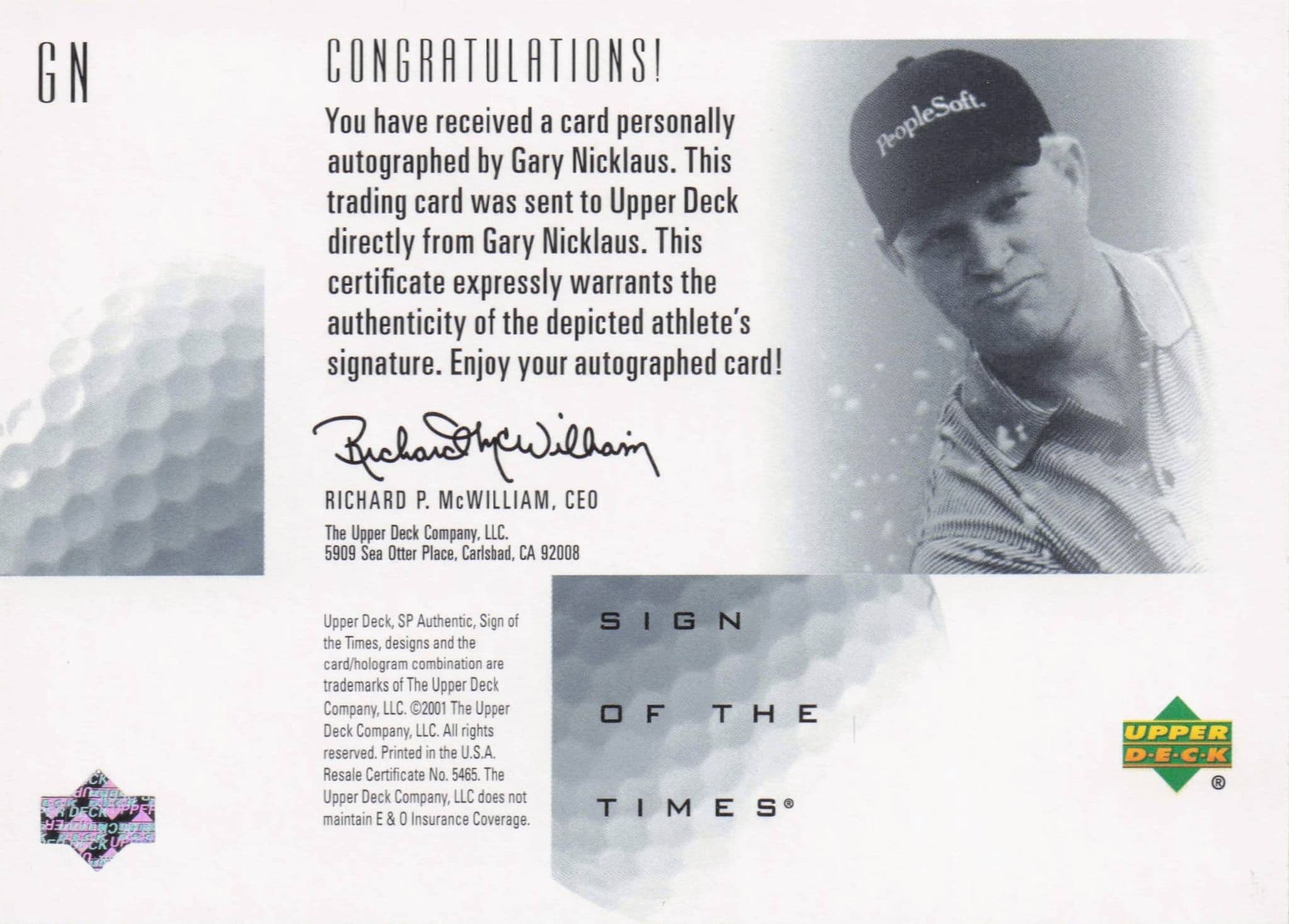 Gary Nicklaus Sign Of The Times Hand Signed 2001 SP Golf Autograph Card