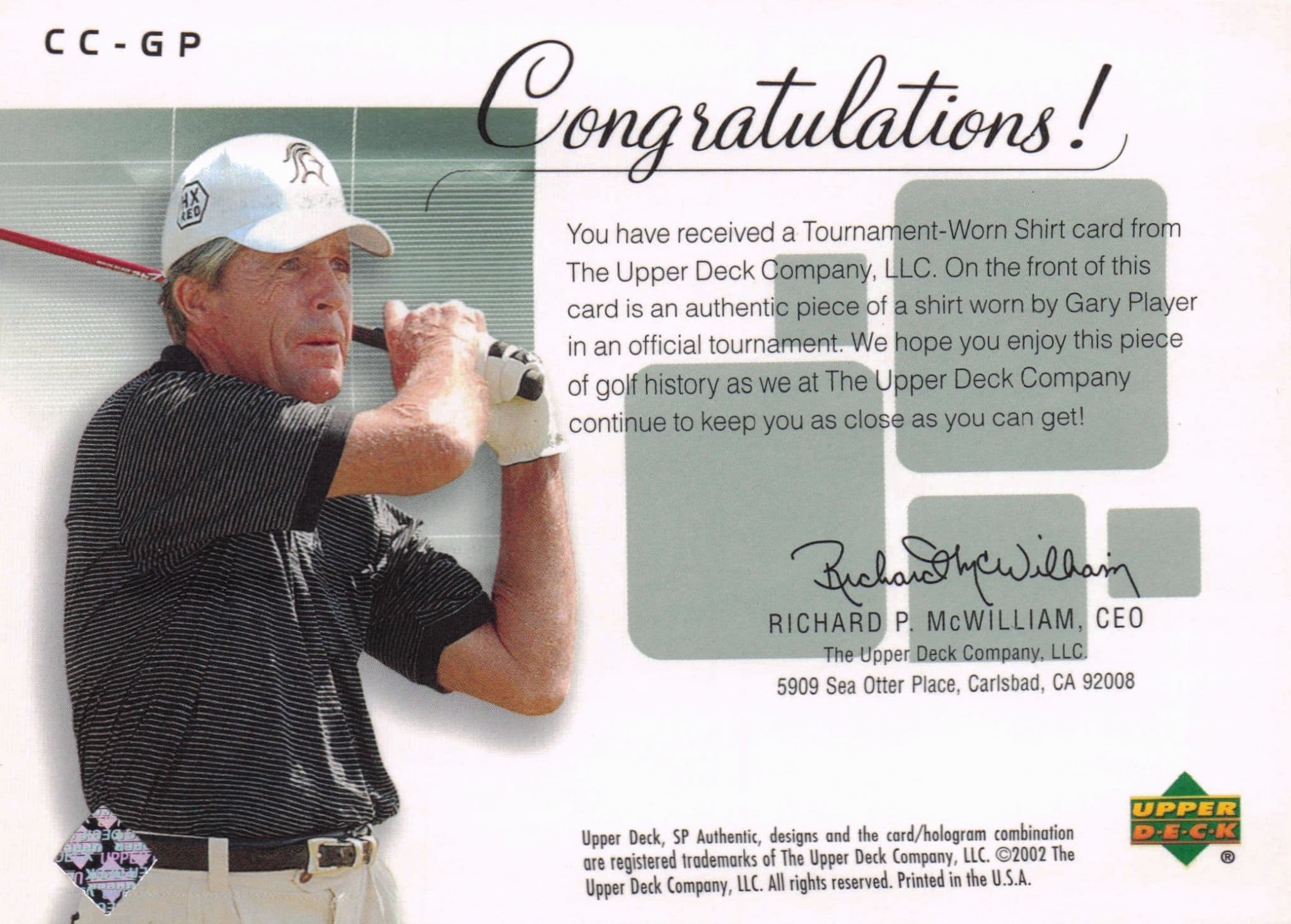 Gary Player Course Classics Upper Deck 2002 Real Relic Golf Shirt Card