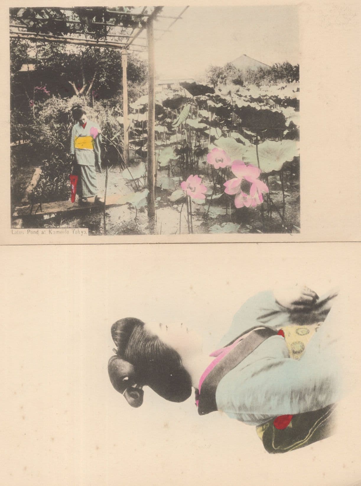 Geisha Woman at Lotus Pond Tokyo 2x Old Tinted Japanese Postcard s