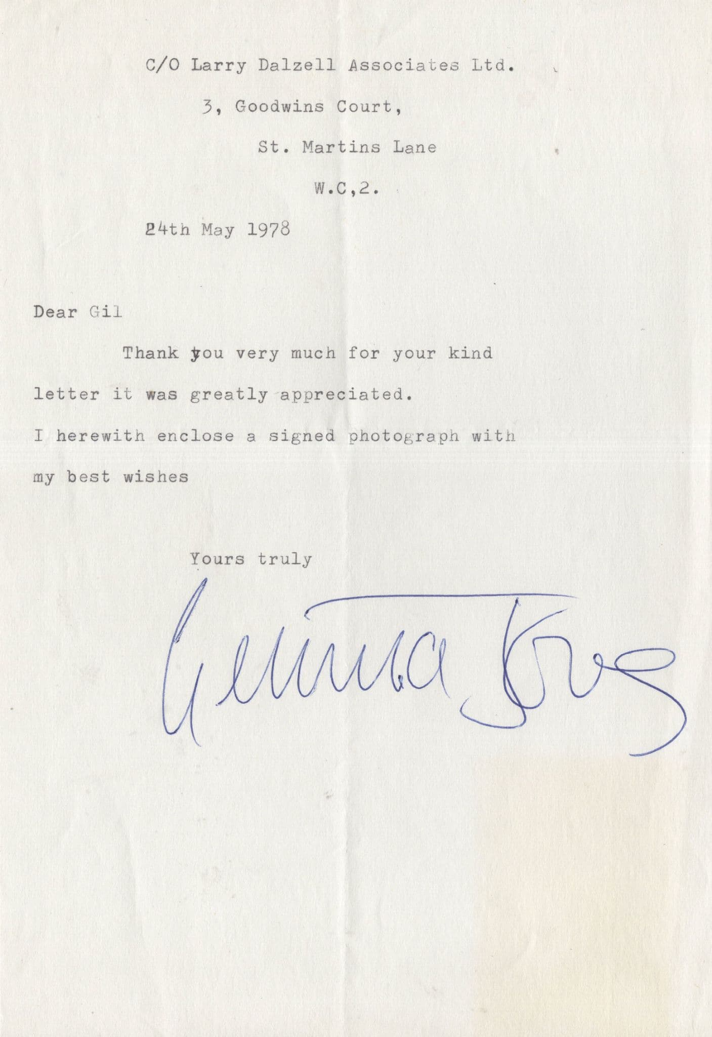 Gemma Jones Harry Potter Vintage 1978 Hand Signed Letter
