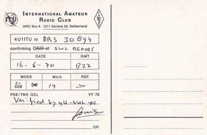 Geneva Switzerland Amateur Radio Station 1970 QSL Card