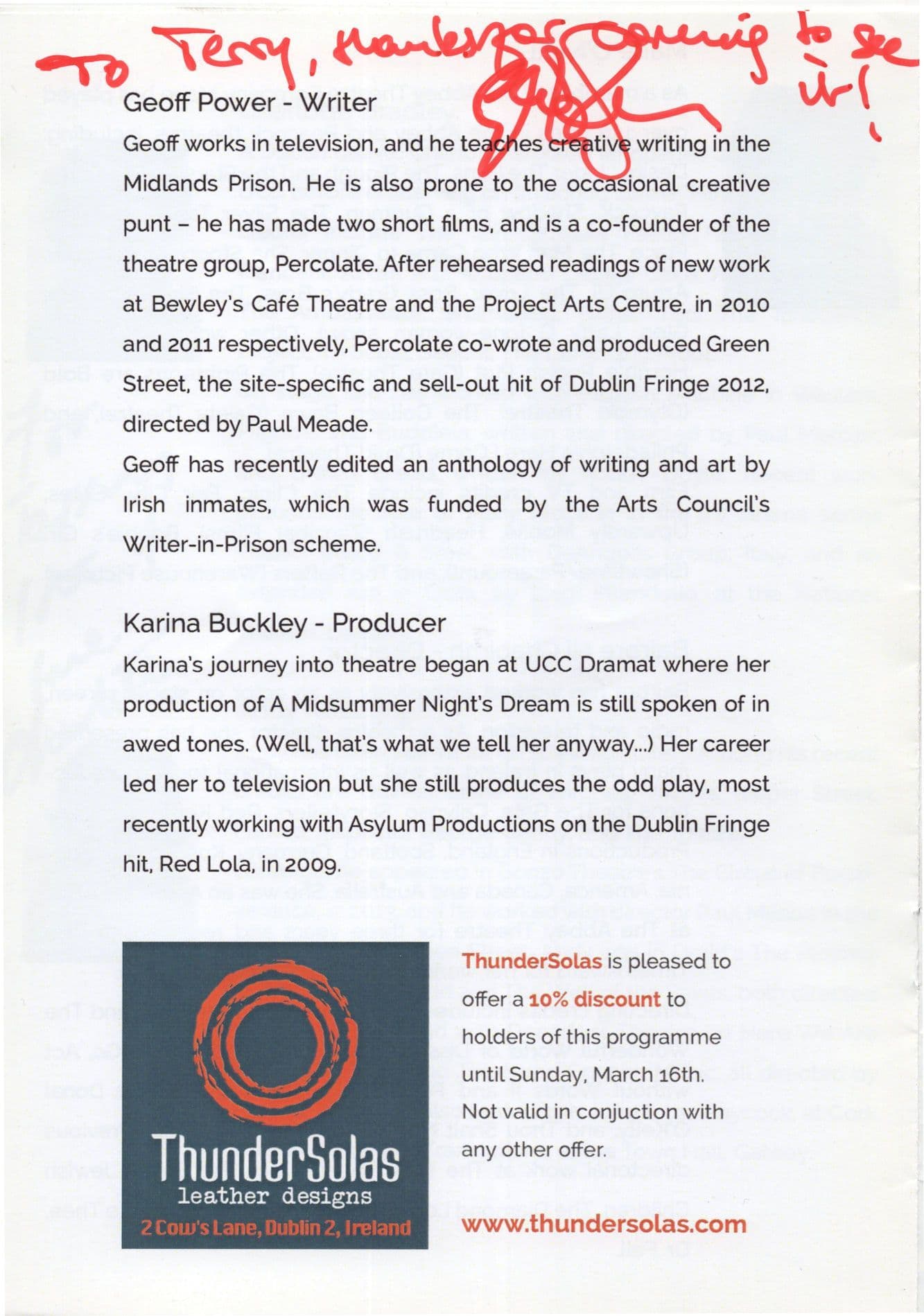 Geoff Power Irish New Theatre Depression Suicide MULTI Hand Signed Programme
