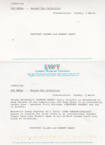 Geoffrey Palmer Robert Hardy Hot Metal Fleet Street Drama ITV Press Photo Letter