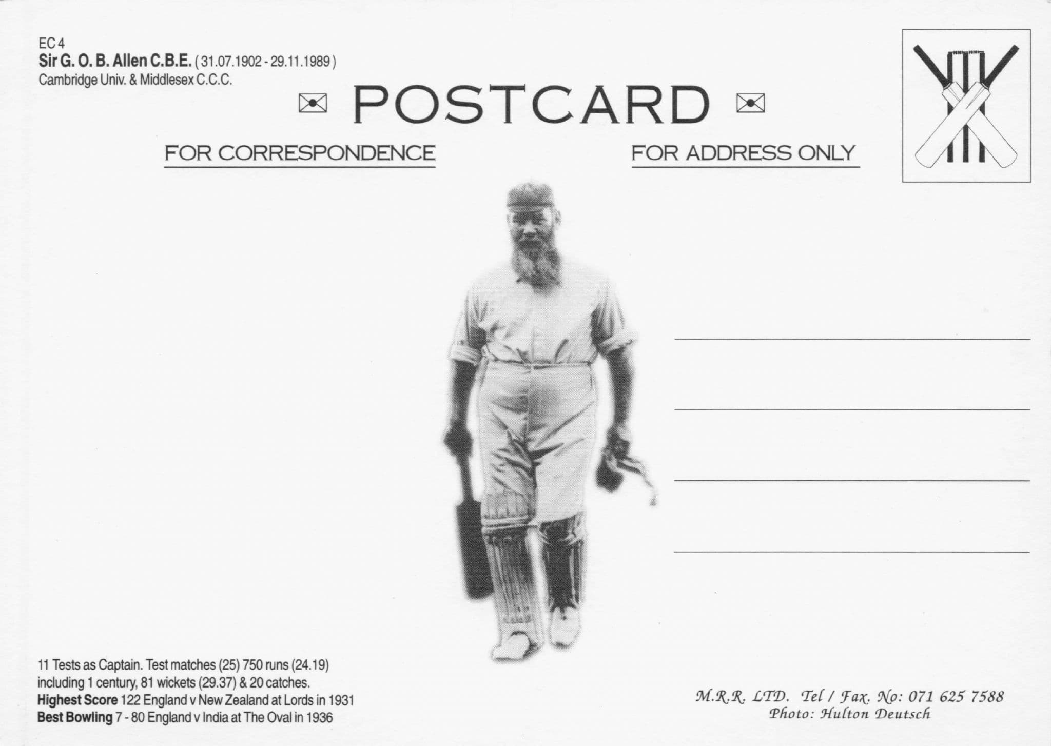George Guppy Allen of Australia CBE Middlesex England Cricket Postcard
