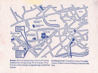 George House Hotel Earls Court London 1975 Map Card Ephemera