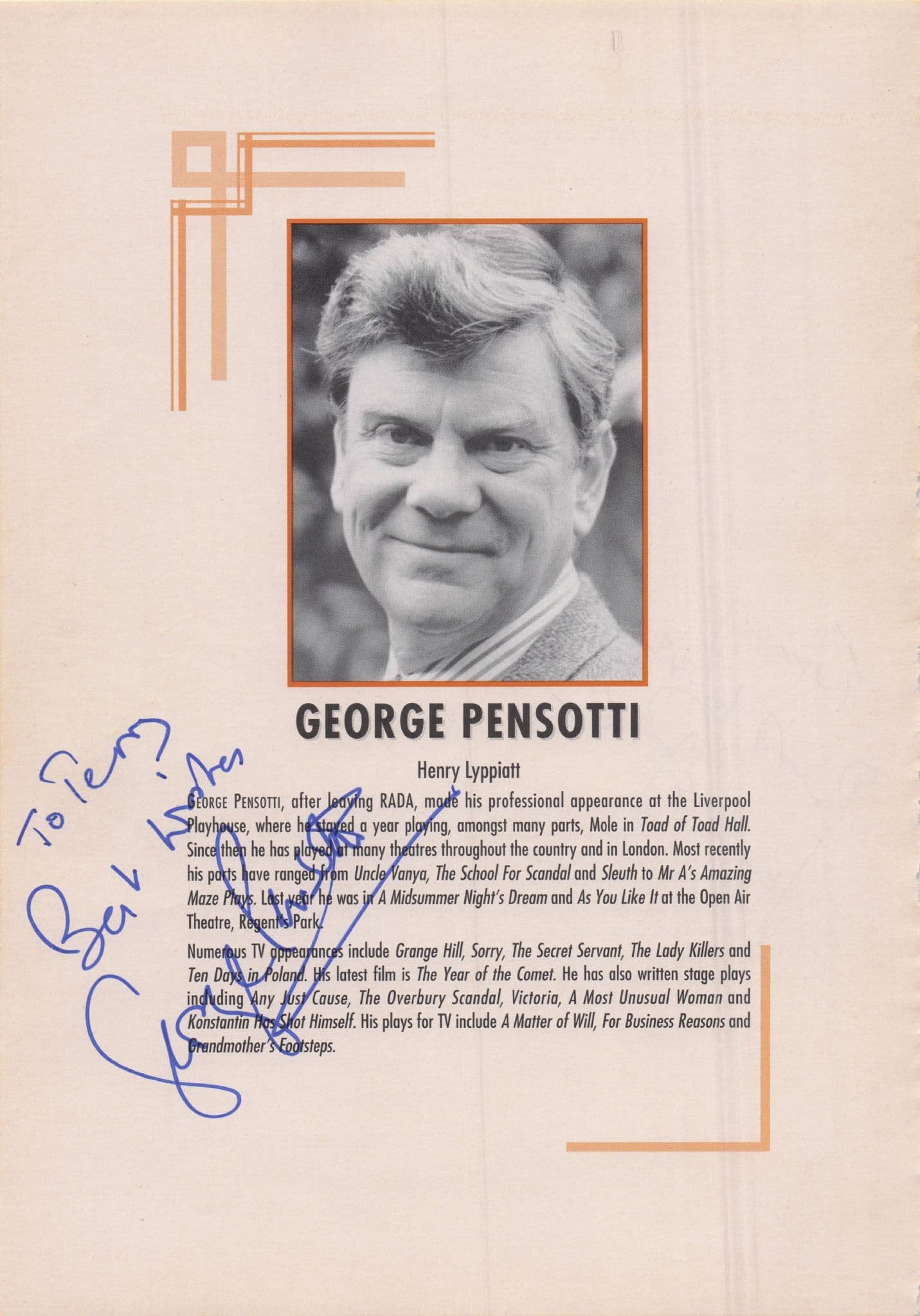 George Pensotti James Purefoy Hand Signed Theatre Page
