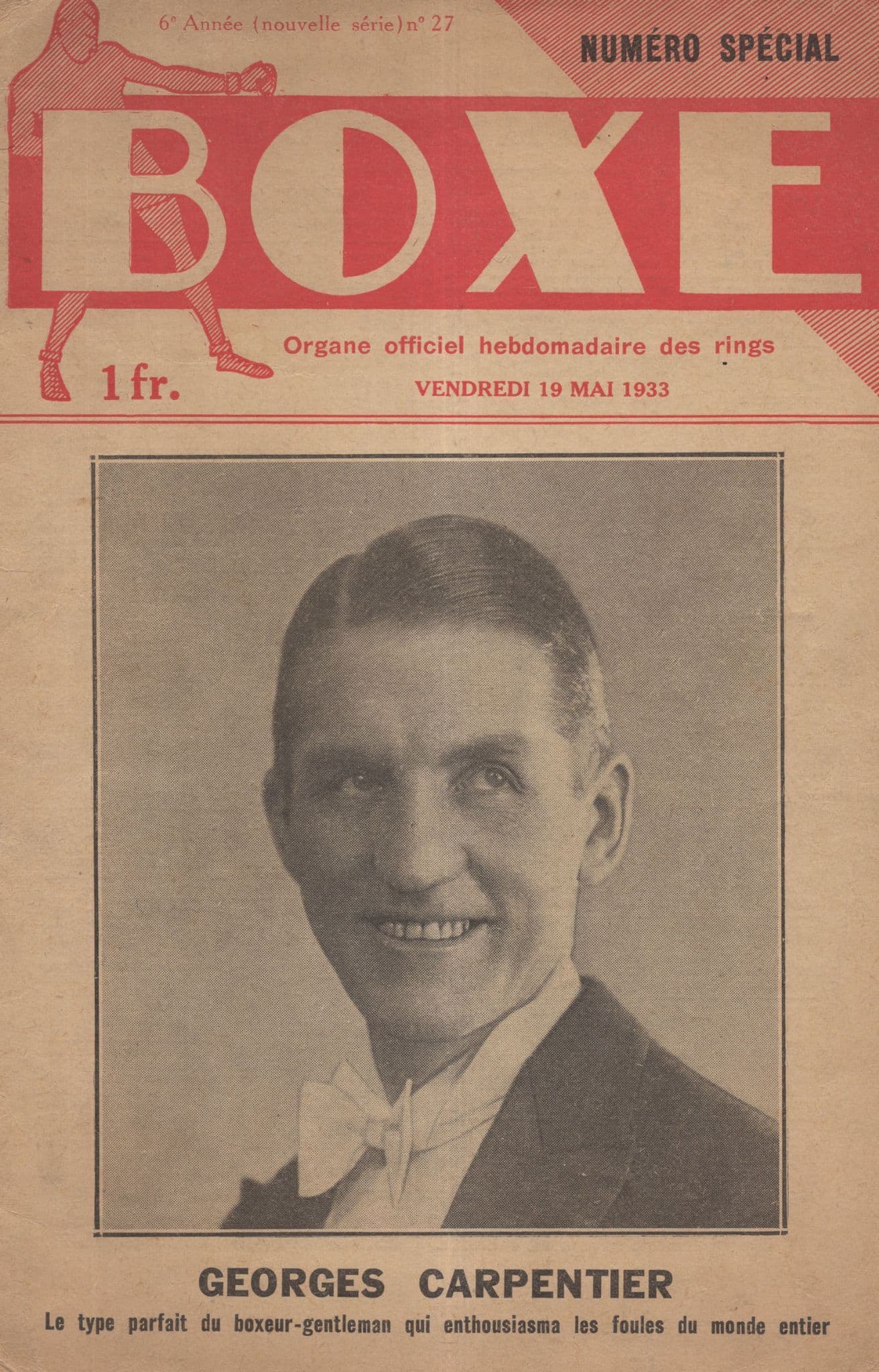 Georges Carpentier 1933 Boxing Weekly Bow Tie French Magazine Cover