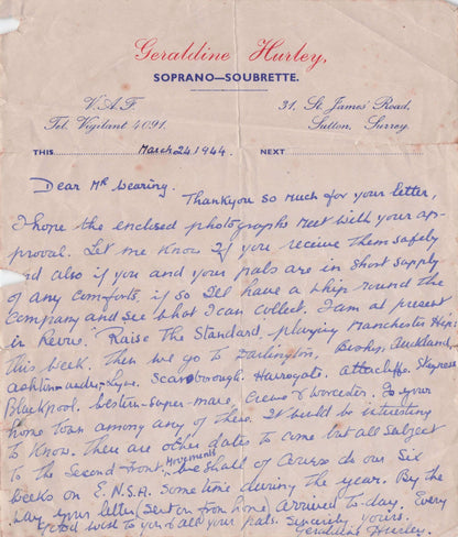 Geraldine Hurley Soprano Opera Surrey 1922 WW2 War Hand Signed Letter