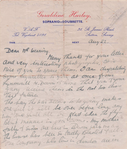 Geraldine Hurley Soprano Opera Surrey Antique 1920s Hand Signed Letter
