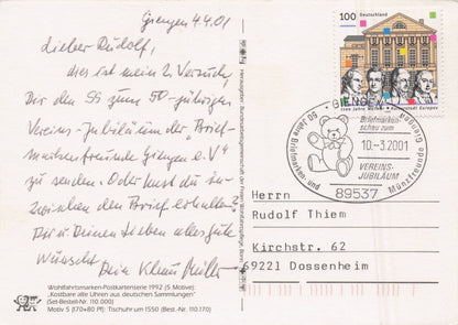 German Amazing Antique Clock 2001 Giengen Teddy FDC Postcard