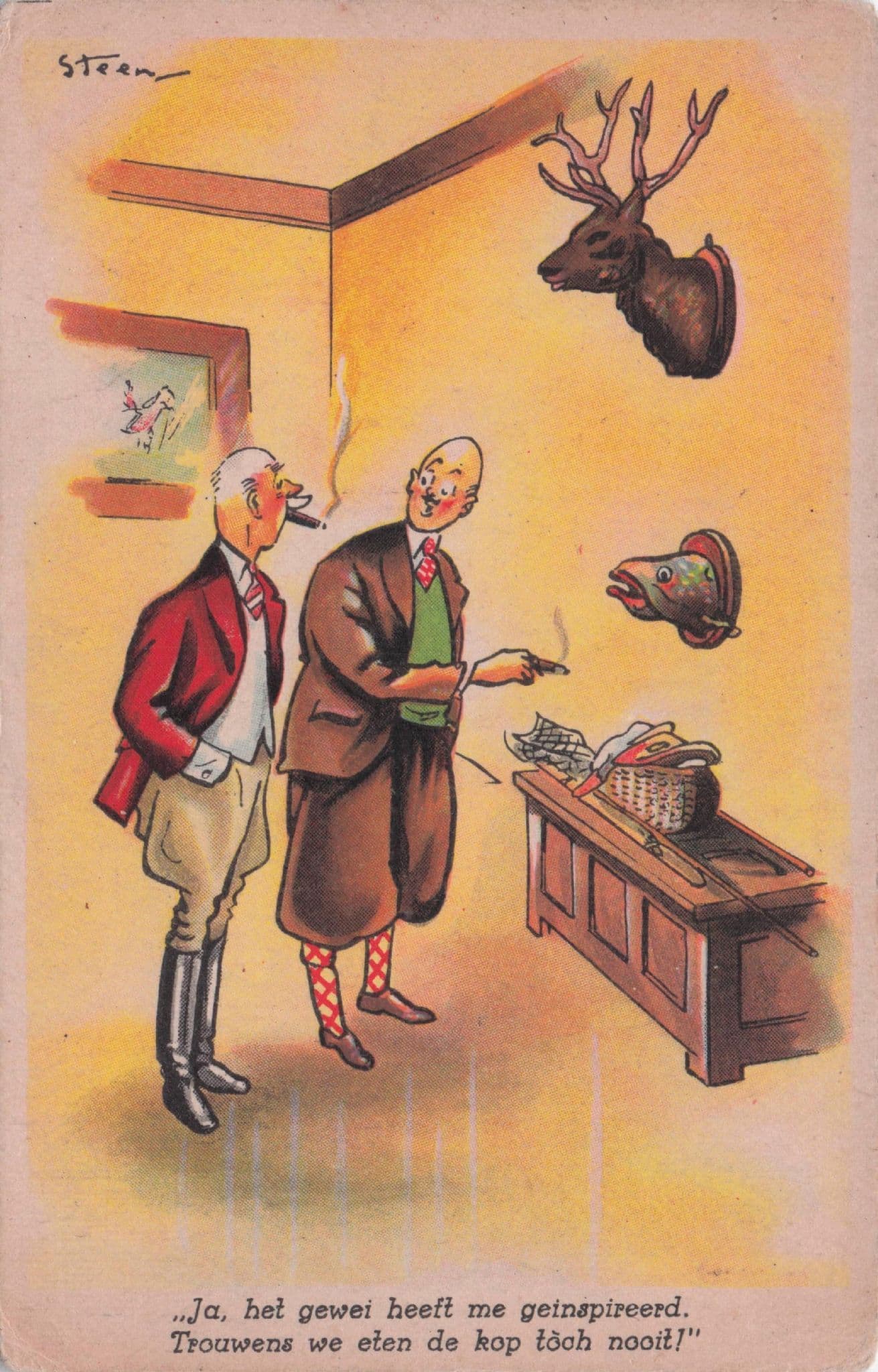 German Animal Hunting Antler Deer Fish Gun Old Comic Postcard
