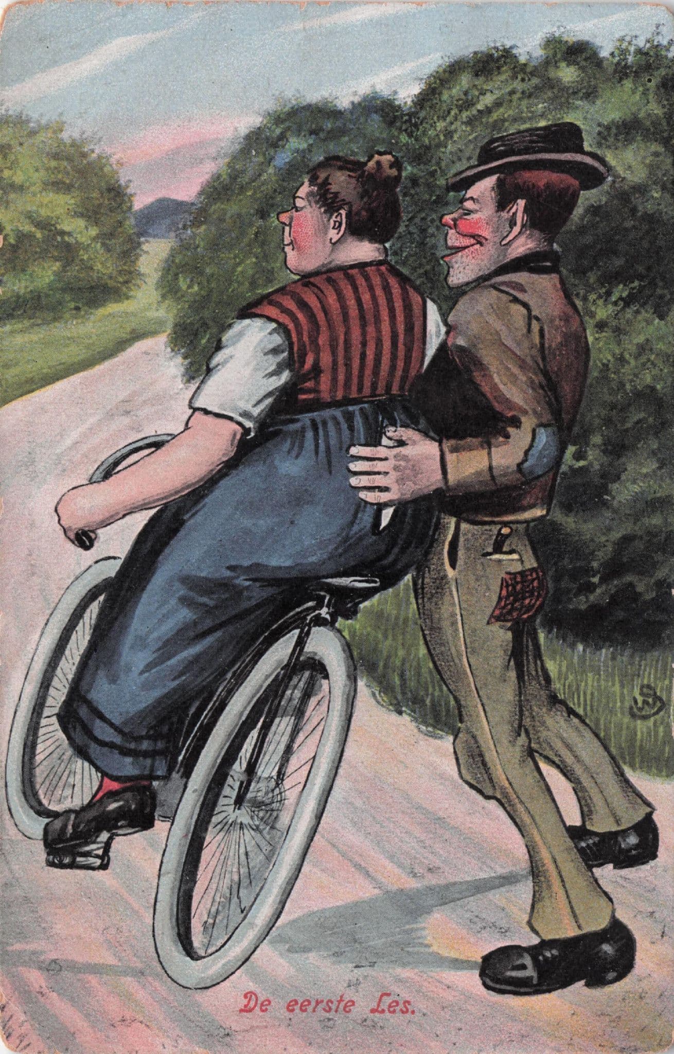German Antique Bicycle Bike Wandering Hands Man Old Comic Postcard