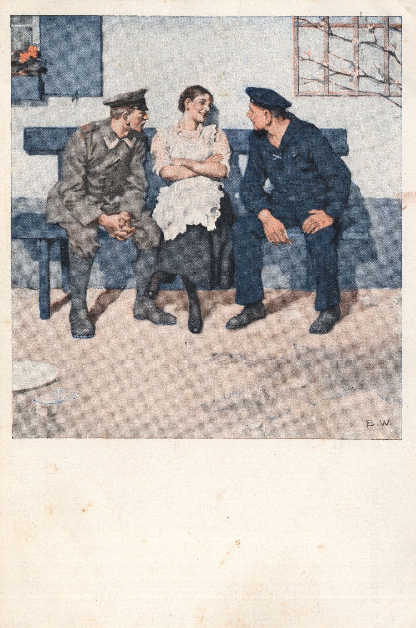 German Army & Navy Soldiers Chatting Up Lady WW1 Postcard